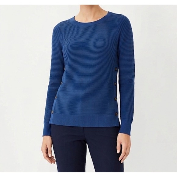 LOFT Sweaters - LOFT Rib Knit long sleeve Sweater Blue Side Button Small preppy coastal classic